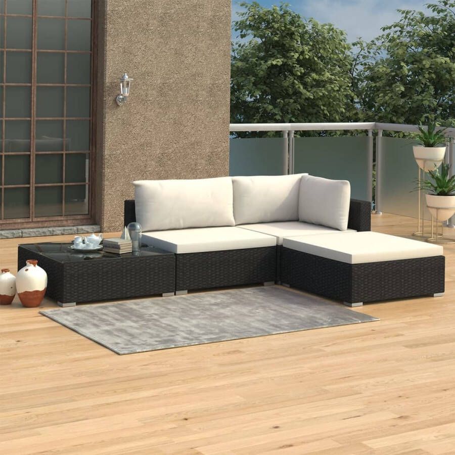 The Living Store Rattan loungeset Hoekbank Middenbank Voetensteun Salontafel Zwart PE-rattan en stalen frame 70 x 70 cm