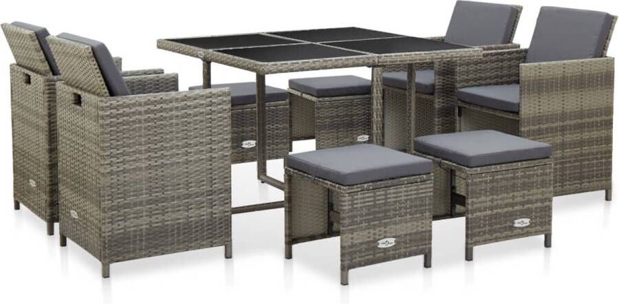 The Living Store Rattan Tuinset Grijs 109x109x74cm Inclusief 4 Stoelen 4 Krukken en 12 Kussens