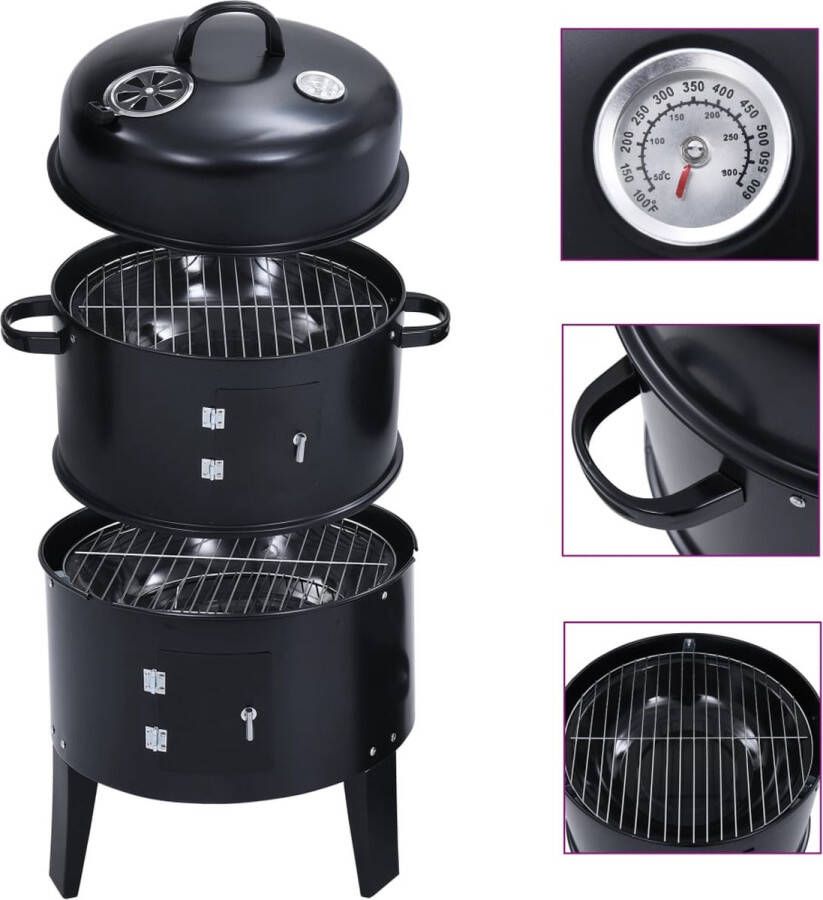 The Living Store Rookoven barbecue-grill 40 x 80 cm 3-in-1 Zwart Staal Met thermometer