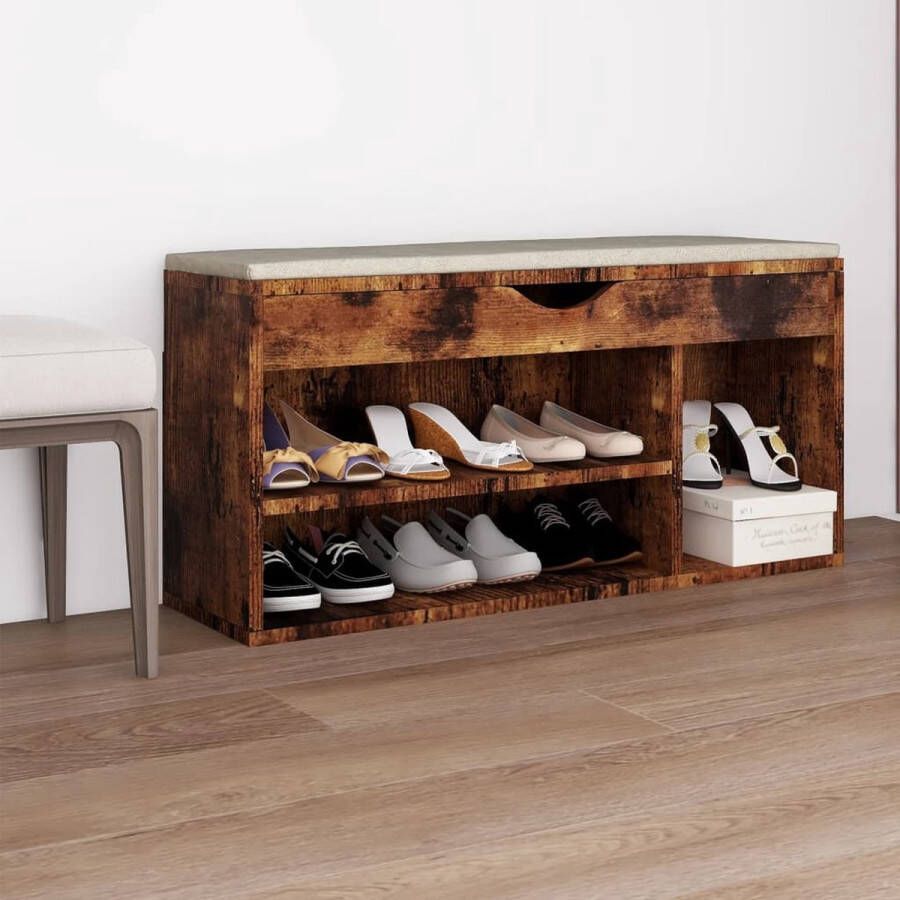 The Living Store Schoenenbank Gerookt Eiken 104 x 30 x 49 cm Praktische Schoenenopberger met Kussen