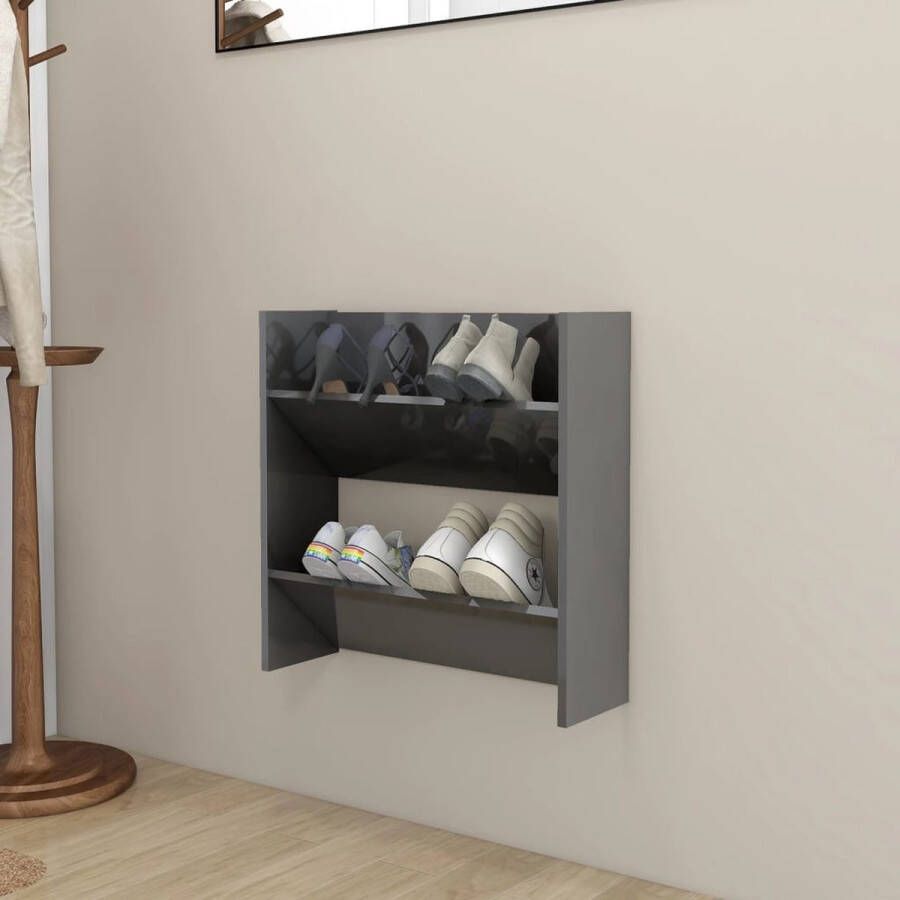 The Living Store Schoenenkast 1 Wandgemonteerde Schoenenopberger 60x18x60cm Hoogglans Grijs