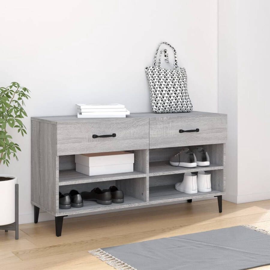 The Living Store Schoenenkast Trendy Ontwerp Materiaal- Bewerkt Hout Afmetingen- 102 x 35 x 55 cm Kleur- Grijs Sonoma Eiken