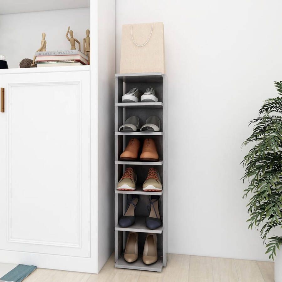 The Living Store Schoenenkast Betongrijs 27.5x27x102cm Bewerkt Hout 6 Schappen