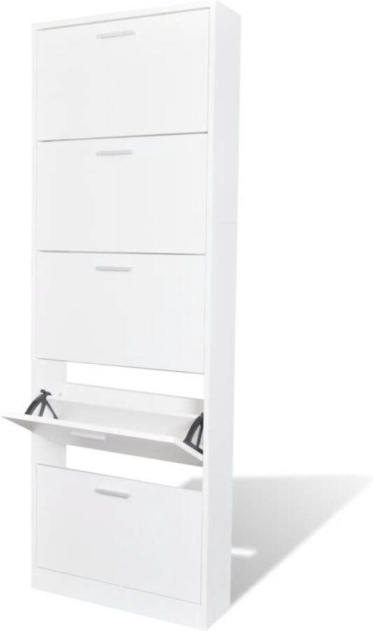 The Living Store Schoenenkast Hout 5 Opbergvakken Wit 59 x 17 x 169 cm Eenvoudig te monteren