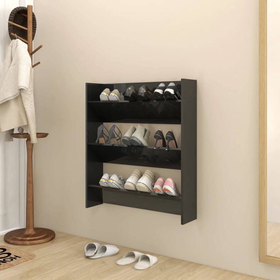 The Living Store Schoenenkast Met 3 Schuine Schappen 80x18x90 cm Hoogglans Zwart