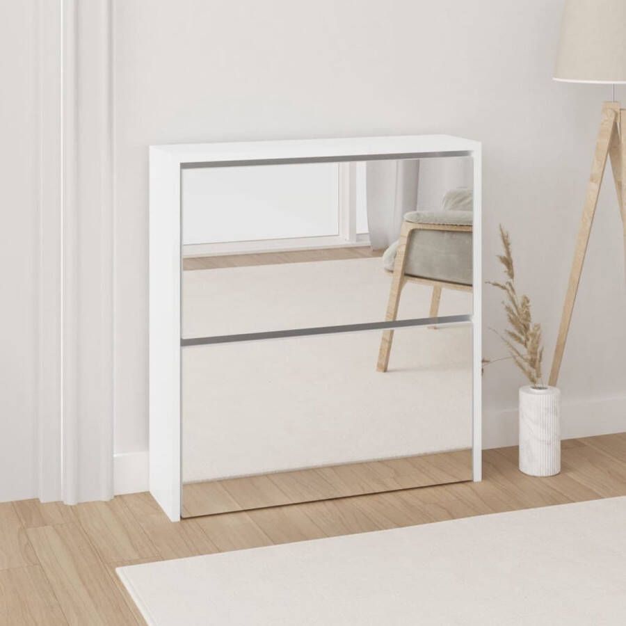 The Living Store Schoenenkast met spiegel 2-laags 63x17x67 cm hoogglans wit Schoenenkast