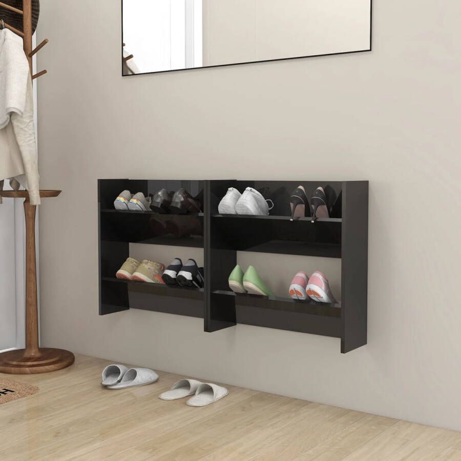 The Living Store Schoenenkast Wandmontage 60 x 18 x 60 cm Hoogglans zwart 2 schappen