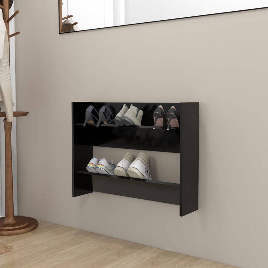 The Living Store Schoenenkast zwarte spaanplaat 80 x 18 x 60 cm 2 schuine schappen