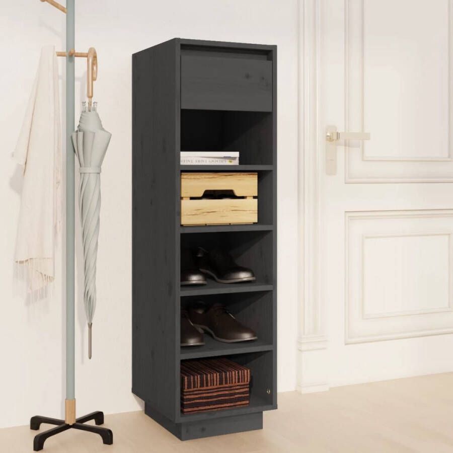 The Living Store Schoenenkast Zweefpoten Organiser 34 x 30 x 105 cm Grijs Massief Grenenhout