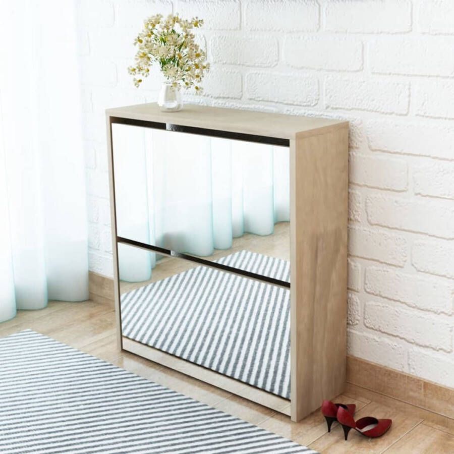 The Living Store Schoenenkastje met spiegel Modern Meubilair Afmeting 63 x 17 x 67 cm Kleur eiken Materiaal bewerkt hout en spiegel