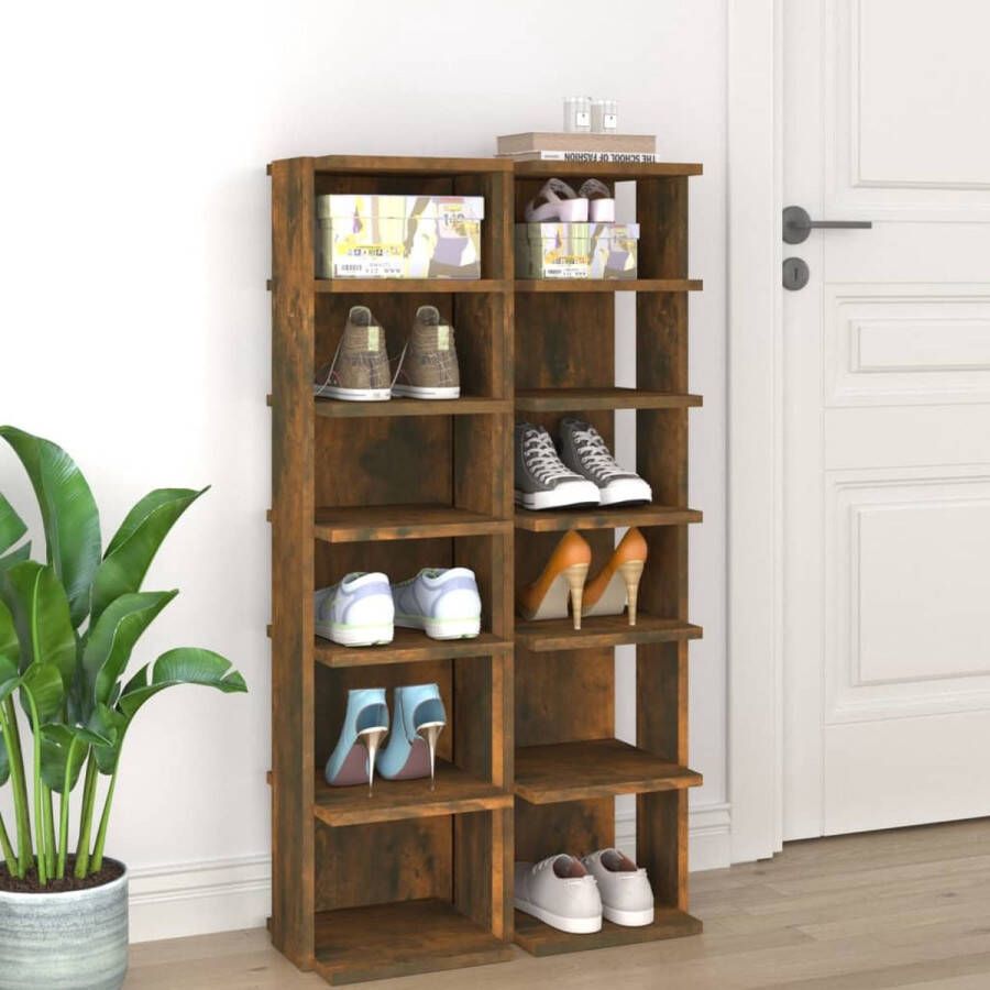 The Living Store Schoenenrek Gerookt Eiken 27.5 x 27 x 102 cm Ruimtebesparend 6 schappen