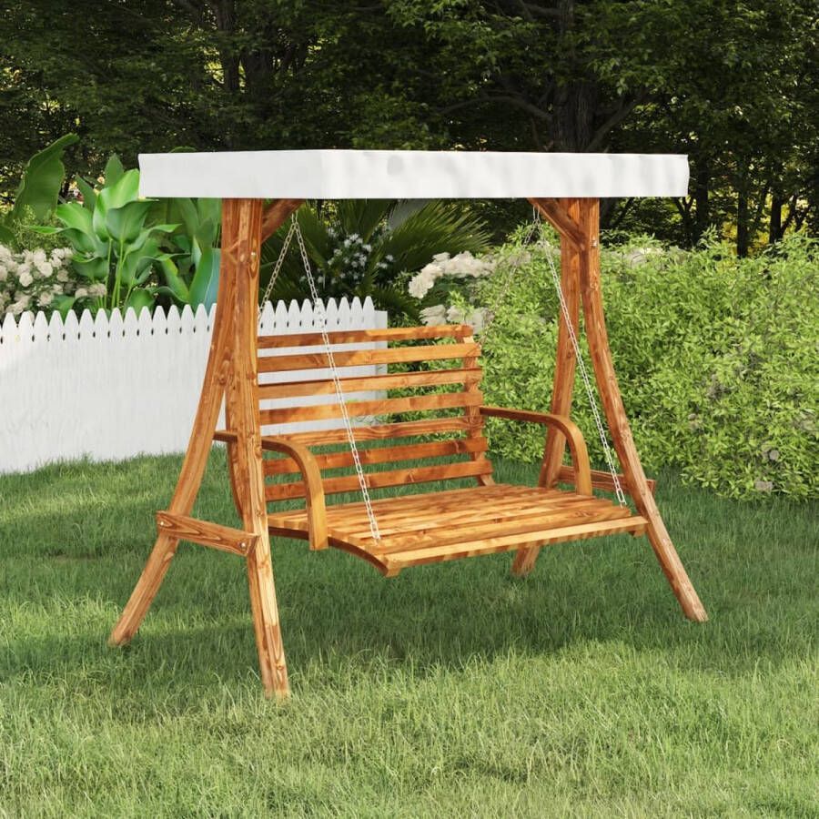 The Living Store Schommelframe met crèmekleur dak gebogen hout met teakafwerking Schommelstoel