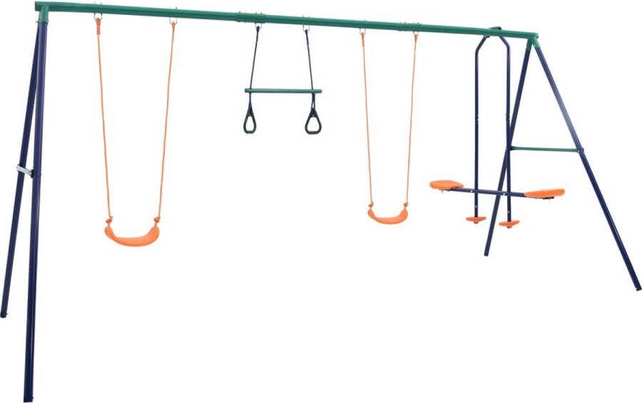 VidaXL The Living Store Schommelset Stalen A-frame 2 enkele schommels 2 gymnastiekringen face-to-face schommel blauw groen oranje 380 x 156 x 180 cm
