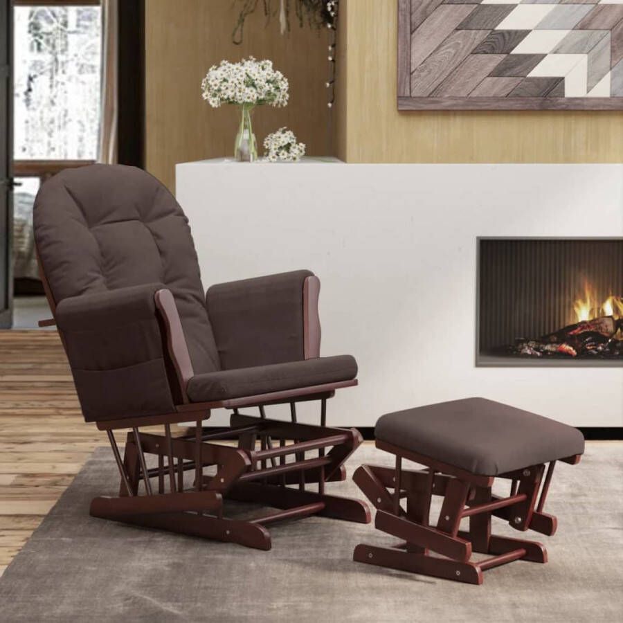 The Living Store Schuifstoel met kruk Relaxstoel en voetenbank Trendy design 70x72x107cm Massief rubberwood Bruin 110kg draagvermogen