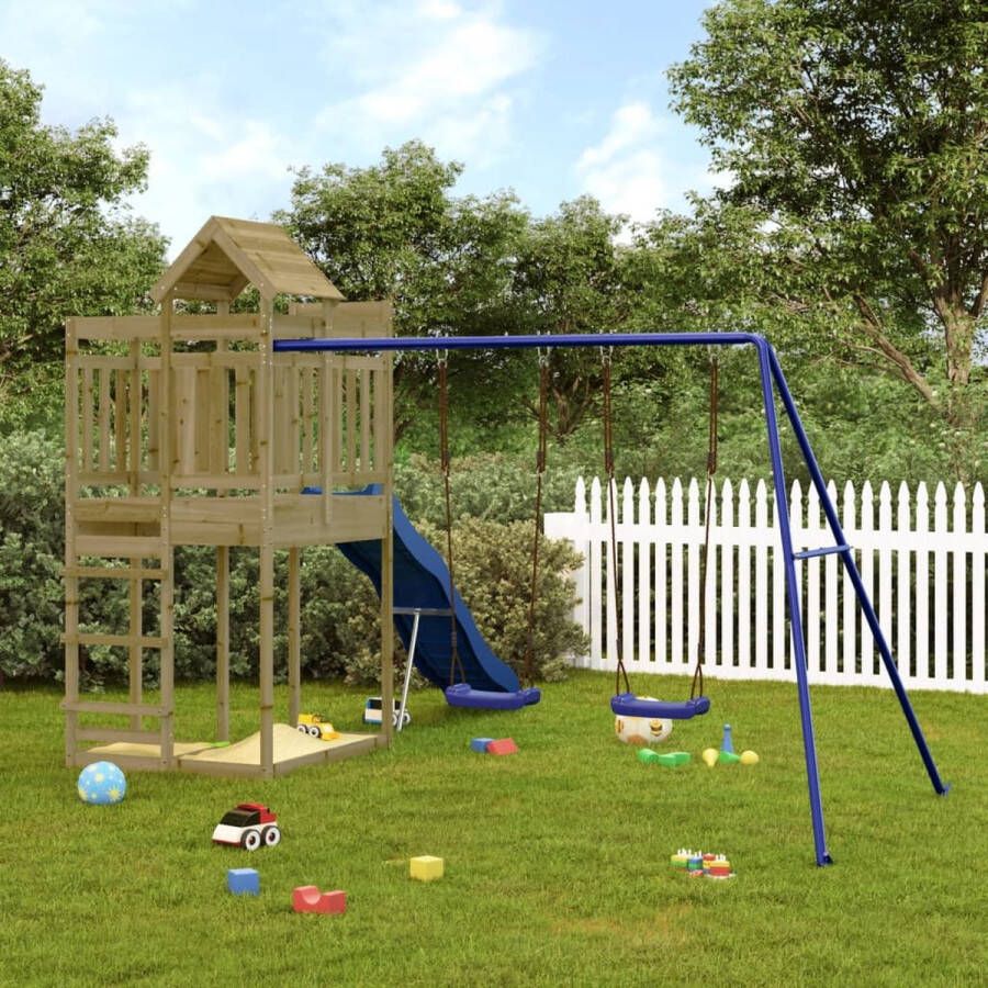 VidaXL The Living Store Speelset Houten Multi-activiteitencentra 362 x 373 x 238 cm Geïmpregneerd hout Stabiel frame Veilig ontwerp 3-8 jaar Max 45 kg Montagehandleiding Inclusief speeltoren golvende glijbaan dubbele schommelset