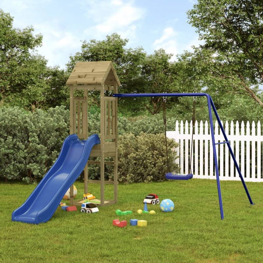 VidaXL The Living Store Speeltoren Grenenhouten 238x321x207 cm Met golvende glijbaan en enkele schommel Blauwe PP materialen Voor kinderen 3-8 jaar oud