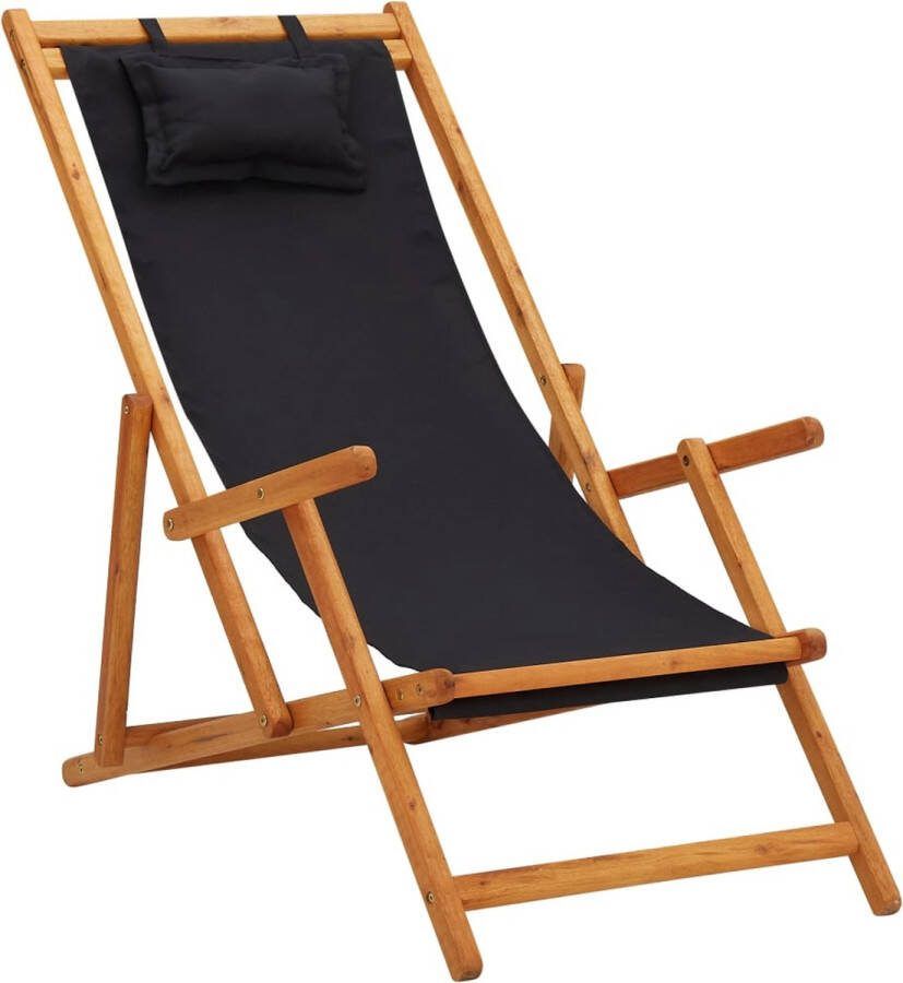 The Living Store Strandstoel Hout Inklapbaar Verstelbaar Zwart 60 x (112 119 127) x (81 88.5 95) cm Met kussen