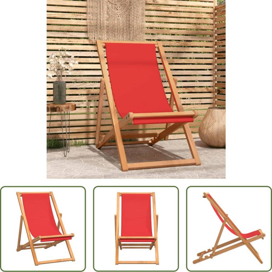 The Living Store Strandstoel Iconic Rood Teakhout Inklapbaar 56x105x96 cm Zonder armleuningen