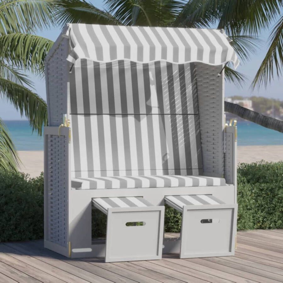 The Living Store Strandstoel Lounger Grijs Wit 115 x 55 x 133 151 156 cm Verstelbare rugleuning Uitschuifbare voetensteun Met luifel Montage vereist