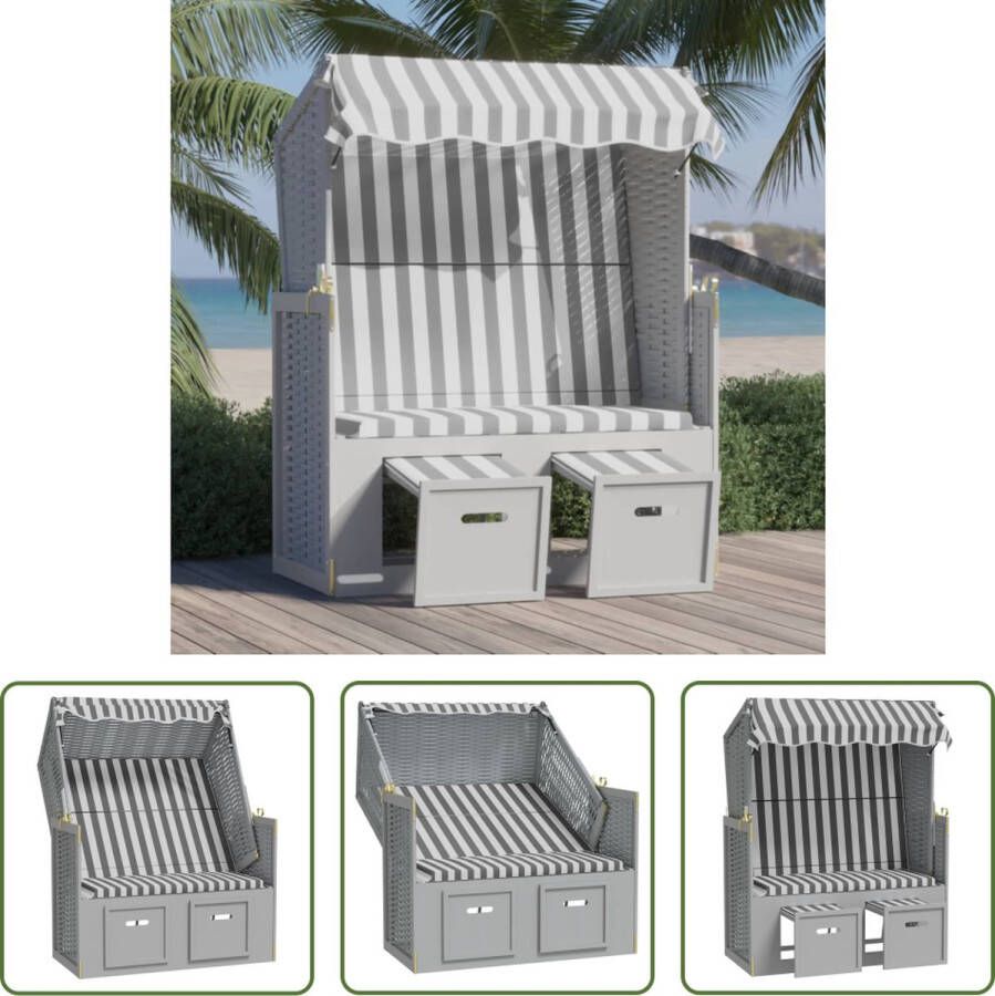 The Living Store Strandstoel Lounger Grijs Wit 115 x 55 x 133 151 156 cm Verstelbare rugleuning Uitschuifbare voetensteun Met luifel Montage vereist