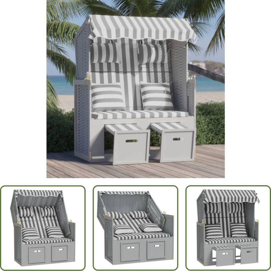 The Living Store Strandstoel Lounger Grijs Wit Houten frame Verstelbare rugleuning Uitschuifbare voetensteun Met luifel