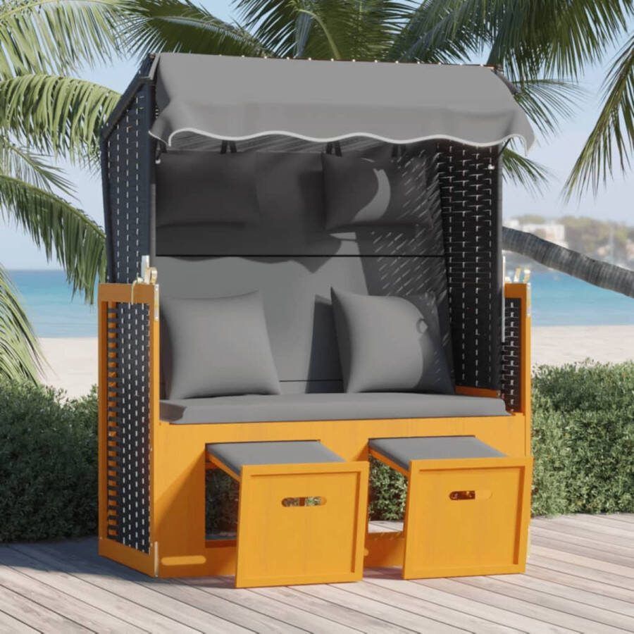 The Living Store Strandstoel Lounger Poly Rattan Uitschuifbaar Verstelbare Rugleuning Met Luifel Zwart Antraciet Wit 115x55x133 151 156cm