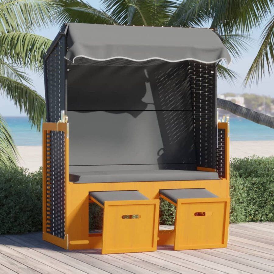 The Living Store Strandstoel Lounger Poly Rattan Verstelbare Rugleuning Uitschuifbare Voetensteunen Luifel Antraciet Zwart Wit 115x55x133 151 156cm