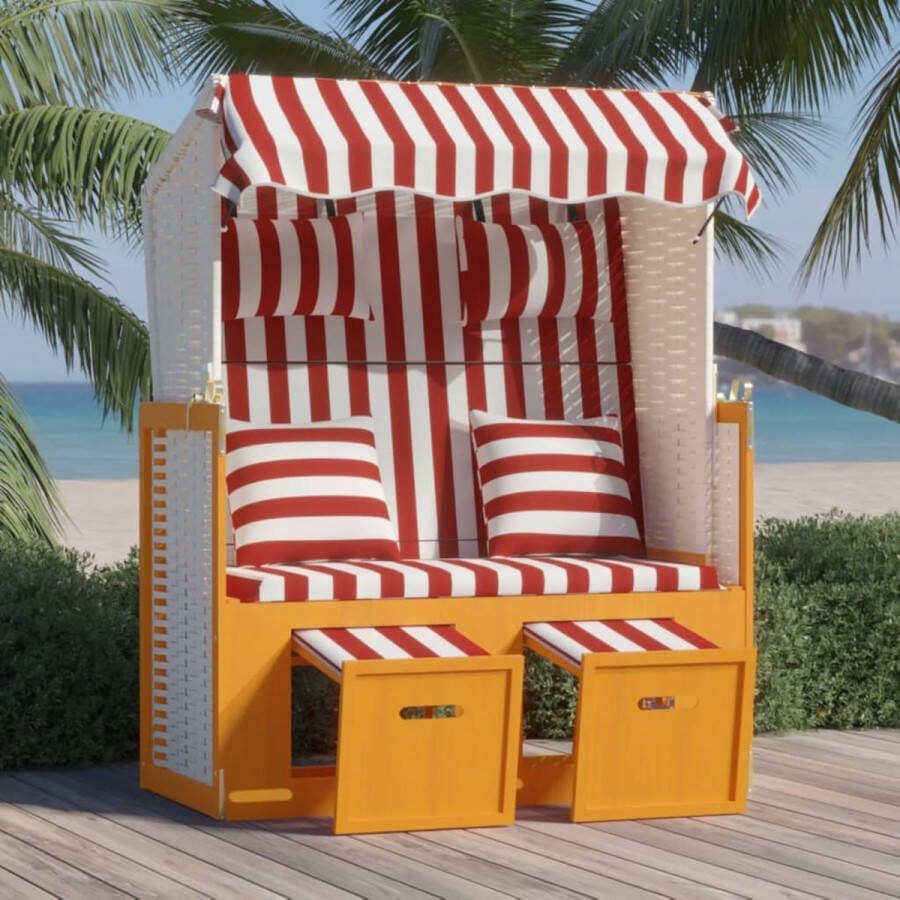 The Living Store Strandstoel Poly Rattan 115x55x133 151 156 cm Luifel Verstelbare Rugleuning Uitschuifbare Voetensteun Rood en Wit