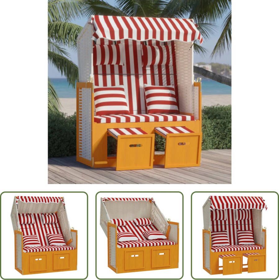 The Living Store Strandstoel Poly Rattan 115x55x133 151 156 cm Luifel Verstelbare Rugleuning Uitschuifbare Voetensteun Rood en Wit