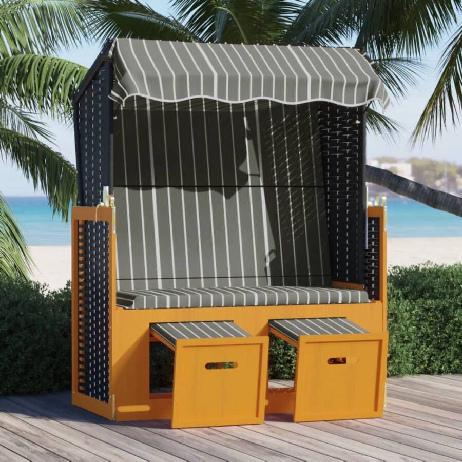 The Living Store Strandstoel Uitschuifbare voetensteun Verstelbare rugleuning Inclusief luifel Zwart grijs wit 115x55x133 151 156 cm