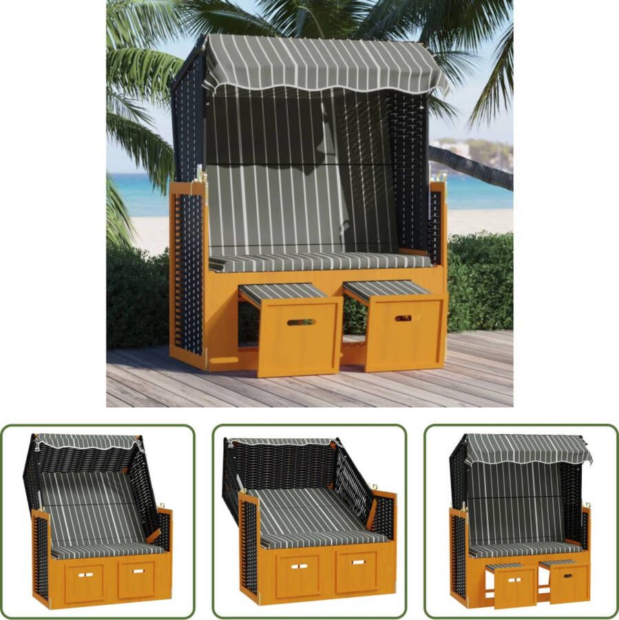 The Living Store Strandstoel Uitschuifbare voetensteun Verstelbare rugleuning Inclusief luifel Zwart grijs wit 115x55x133 151 156 cm