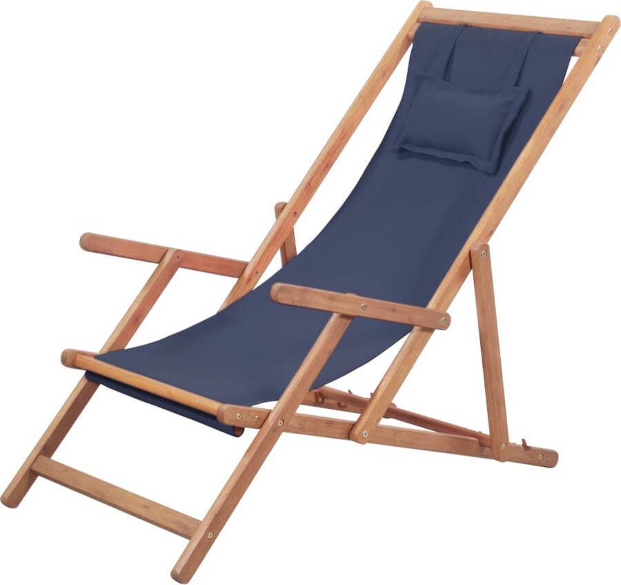 The Living Store Strandstoel Verstelbaar Houten frame Weerbestendige zitting Blauw 60x112 119 127 cm Incl kussen