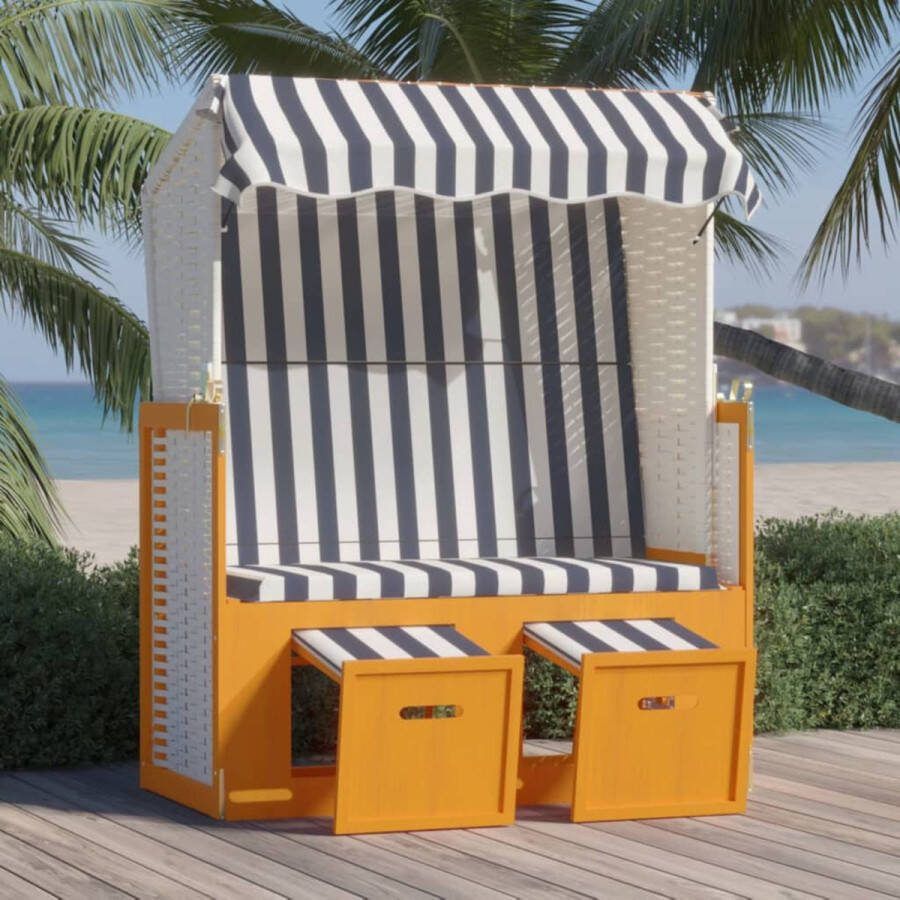 The Living Store Strandstoel Verstelbare rugleuning Uitschuifbare voetensteun Met luifel 115x55x133 151 156 cm Houtkleur- lichthout Kleur- wit en blauw Materiaal- poly rattan stof vurenhout Montage vereist