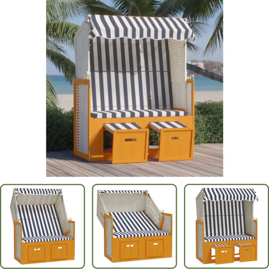 The Living Store Strandstoel Verstelbare rugleuning Uitschuifbare voetensteun Met luifel 115x55x133 151 156 cm Houtkleur- lichthout Kleur- wit en blauw Materiaal- poly rattan stof vurenhout Montage vereist