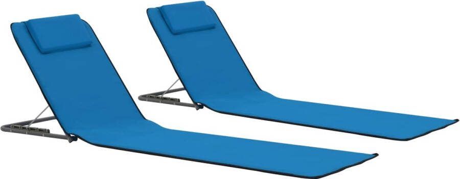 The Living Store Strandstoelen Opvouwbare Strandmatten Blauw 160x53x47 cm Inclusief opbergvak Verstelbare rugleuning Hoofdsteun Set van 2