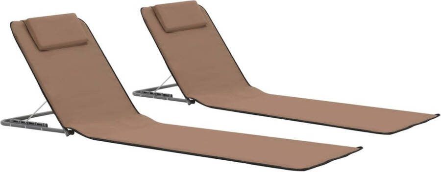 The Living Store Strandstoelen Opvouwbare strandmatten Set van 2 Bruin Gepoedercoat staal en stoffen bekleding 160 x 53 x 47 cm Inclusief hoofdsteun en opbergvak