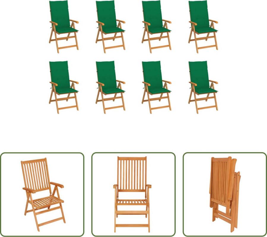 The Living Store Teakhouten Stoelenset 8x stoel met kussen 57x71.5x109cm Verstelbaar Groen