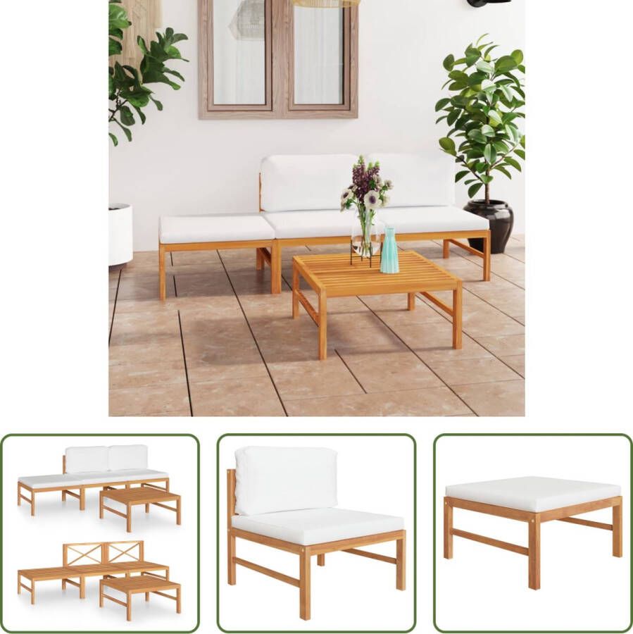 The Living Store Teakhouten Tuinset Middenbank Tafel Voetenbank 63x66x60 cm crème kussen