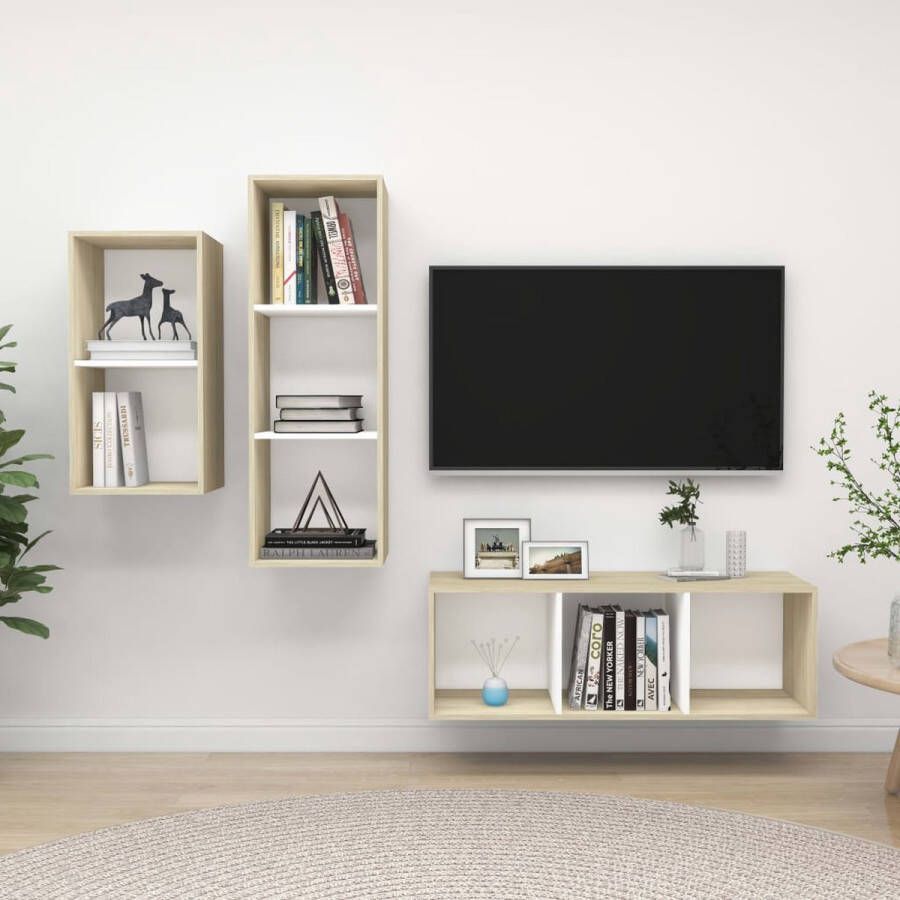 The Living Store Televisie Meubelset TV-Wandmeubel Wit Sonoma Eiken 37 x 37 x 72 cm 37 x 37 x 107 cm Montage vereist