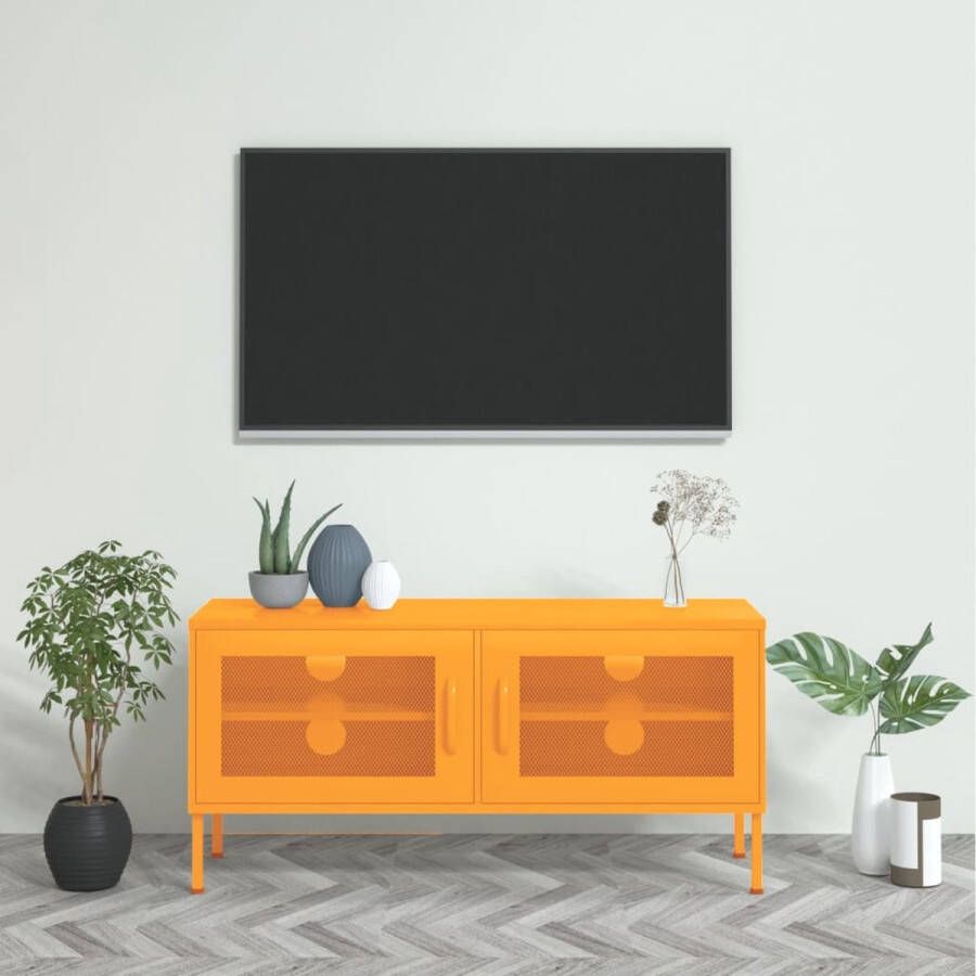 The Living Store Televisiemeubel Serie Tv-meubel 105x35x50 cm Kleur- mosterdgeel Materiaal- staal Met gaasdeuren Met nivelleerders