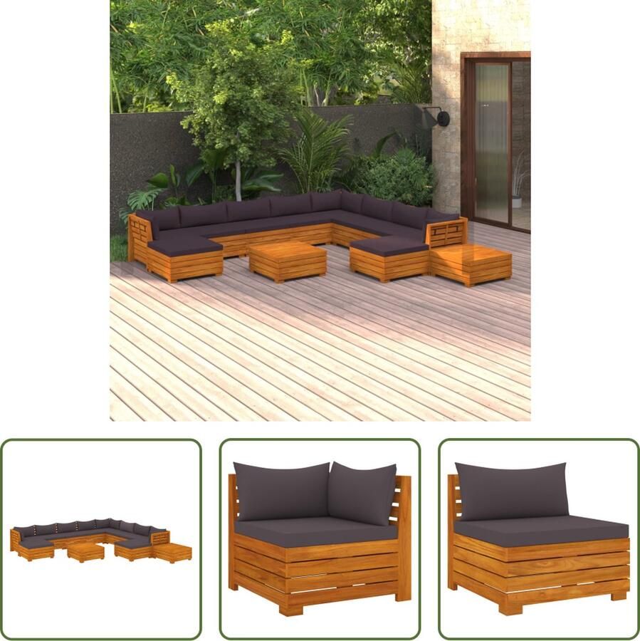 The Living Store Acacia Loungeset Hoek middenbank- 68x68x60cm Tafel voetenbank- 68x68x30cm Kleur kussen- donkergrijs