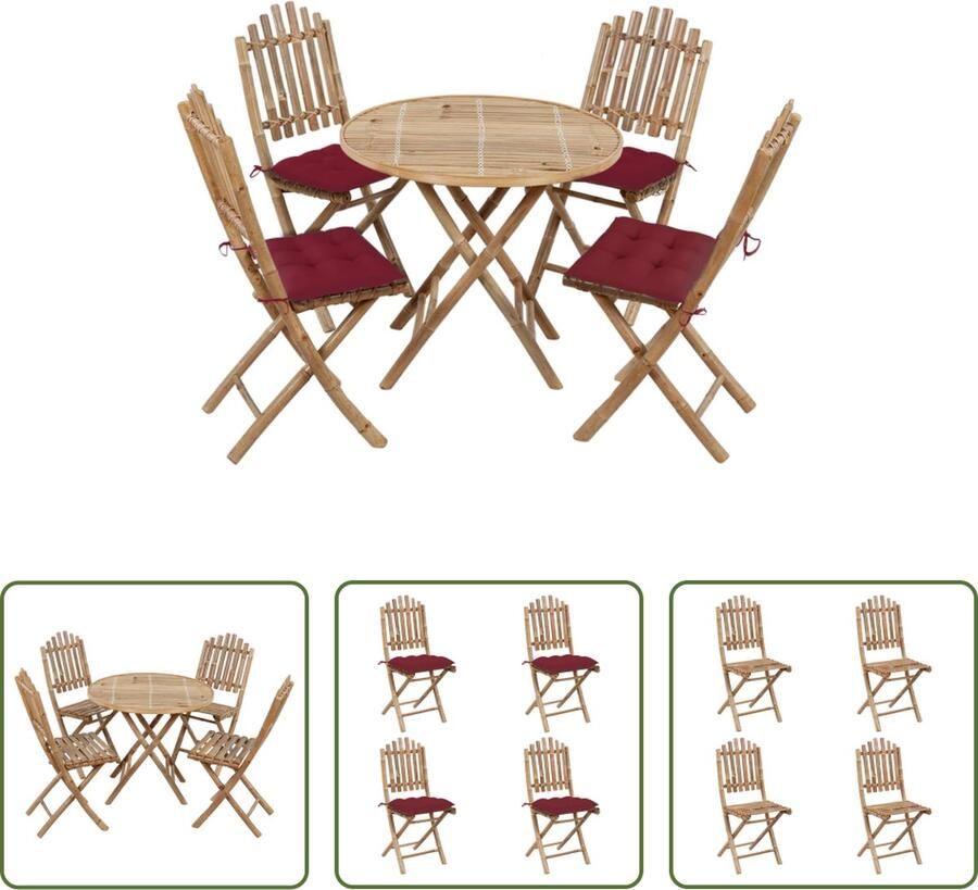 The Living Store Bamboe Eethoek Inklapbaar Weerbestendig 80x70 cm Tafel 50x42x92 cm Stoel met Kussen Wijnrood 100% Polyester