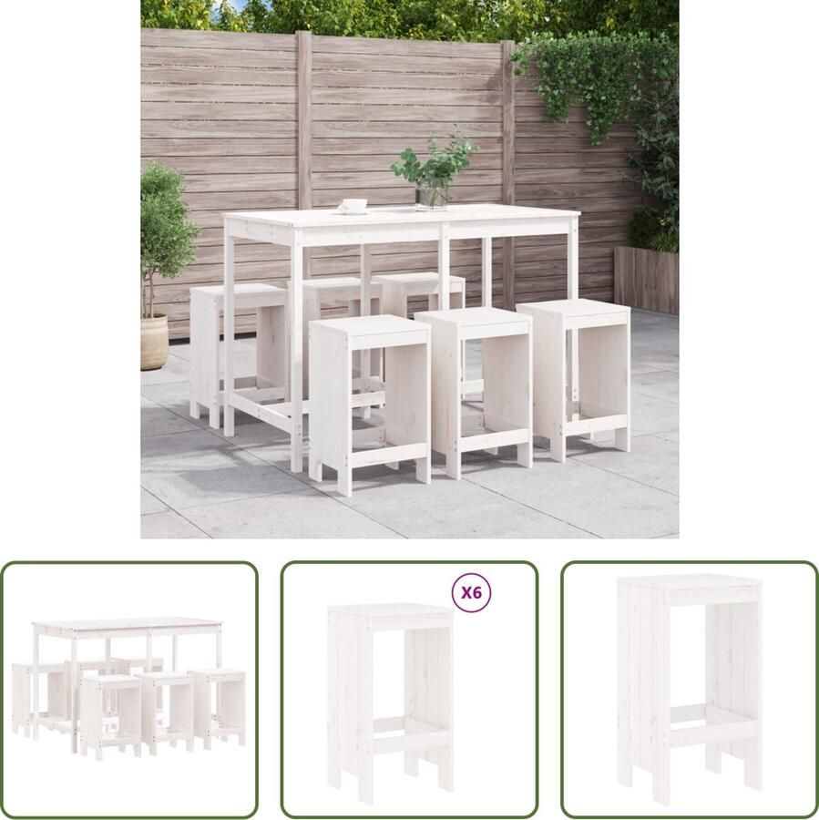 The Living Store Barset Grenenhout Bartafel 159.5x82.5x110cm Barkruk 40x36x75cm Wit 6-delig