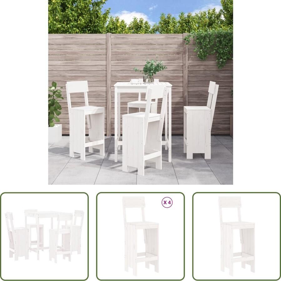 The Living Store Barset Grenenhout Wit 82.5x82.5x110 cm Inclusief 4 Barkrukken