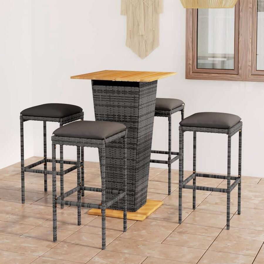 The Living Store Barset Grijs PE-rattan Tafel en 4 Krukken 60x60x110 cm Acaciahouten Tafelblad
