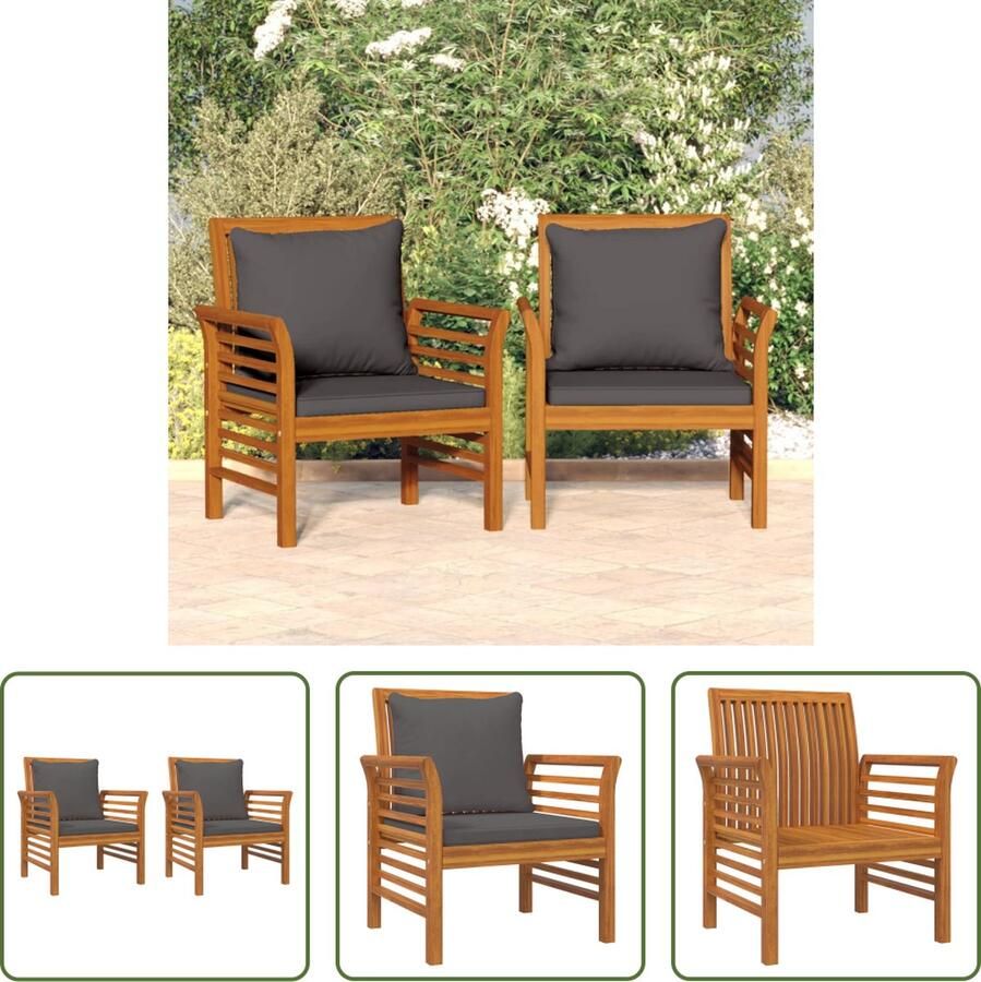 The Living Store Fauteuil Massief Acaciahout Comfortabel ontwerp Donkergrijs kussen Set van 2