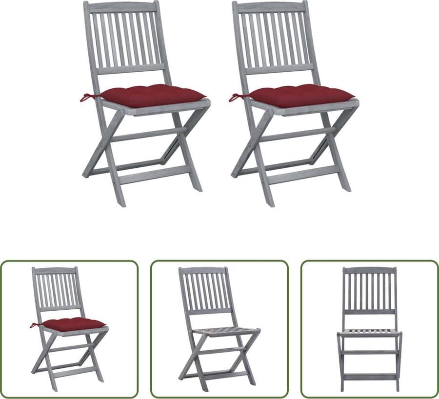 The Living Store Houten Klapstoelen Massief acaciahout Inklapbaar Greywash Afmetingen- 48.5 x 57 x 91 cm Kussen- 40 x 40 x 7 cm Kleur- wijnrood 2 stuks
