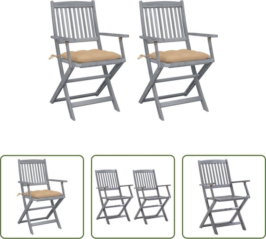 The Living Store Houten Stoelenset Klapstoel Massief Acaciahout Greywash Beige Kussen 54x57x91cm
