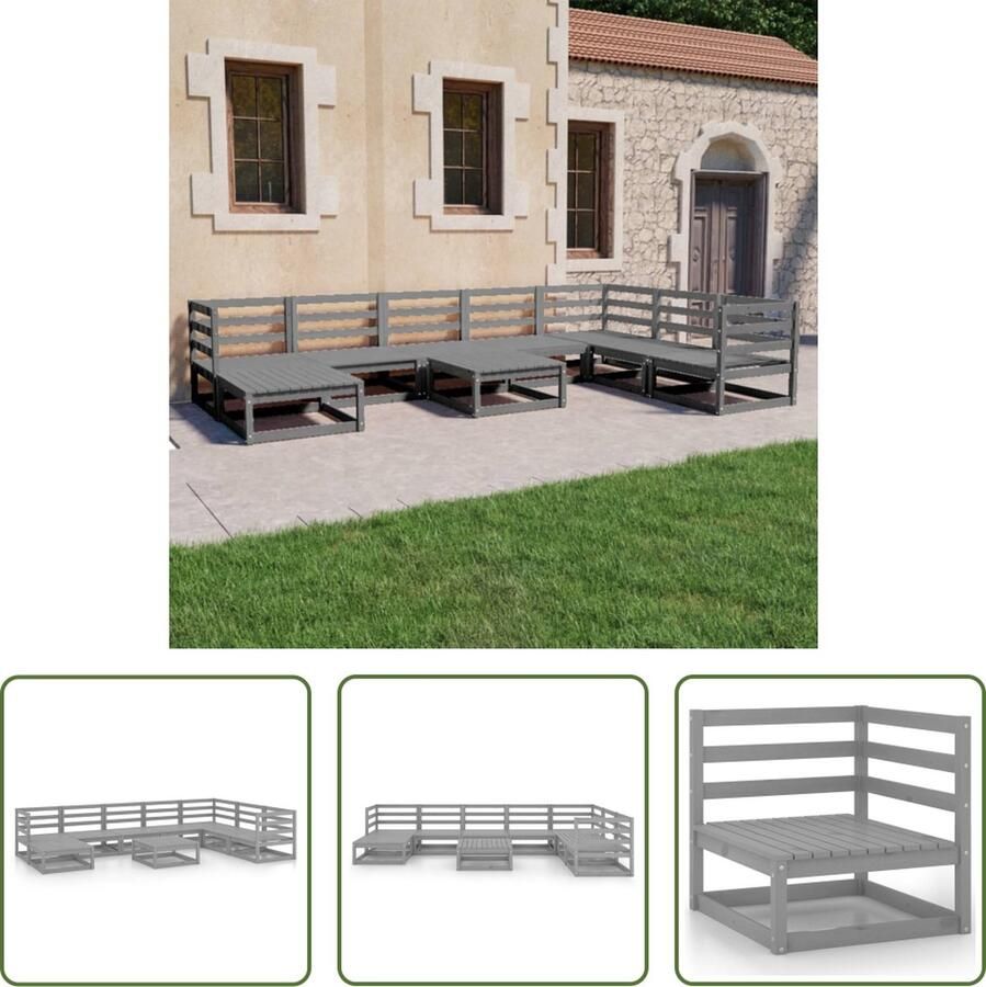 The Living Store Houten Tuinset Grenenhout Grijs Hoekbank 70x70x67cm Middenbank 70x70x67cm Tafel voetenbank 70x70x30cm