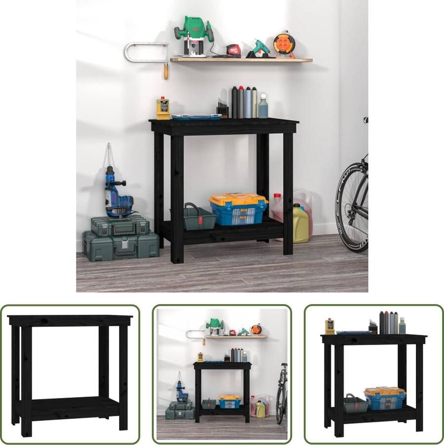 The Living Store Houten Werkbank 80 x 50 x 80 cm Massief Grenenhout Zwart